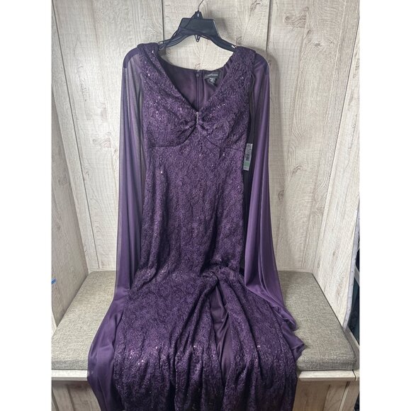 Purple Plum Lace & Sequin Long Dress Gown w/ Sheer Capelet R&M Richards Size 8 - Picture 3 of 12